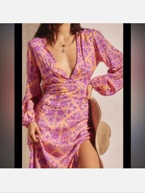 Luli Fama x Anthropologie Printed Deep-V Maxi Dress in pink
